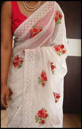 White Floral Georgette Party Saree - S10382 EOFY - 15% - Saree - Aakritee - S10382